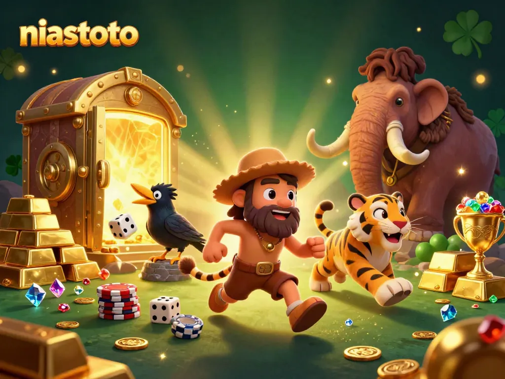 Gambarkan niastoto yang memimpin kasino prasejarah dengan karakter kartun 3D unik dan banyak elemen emas.