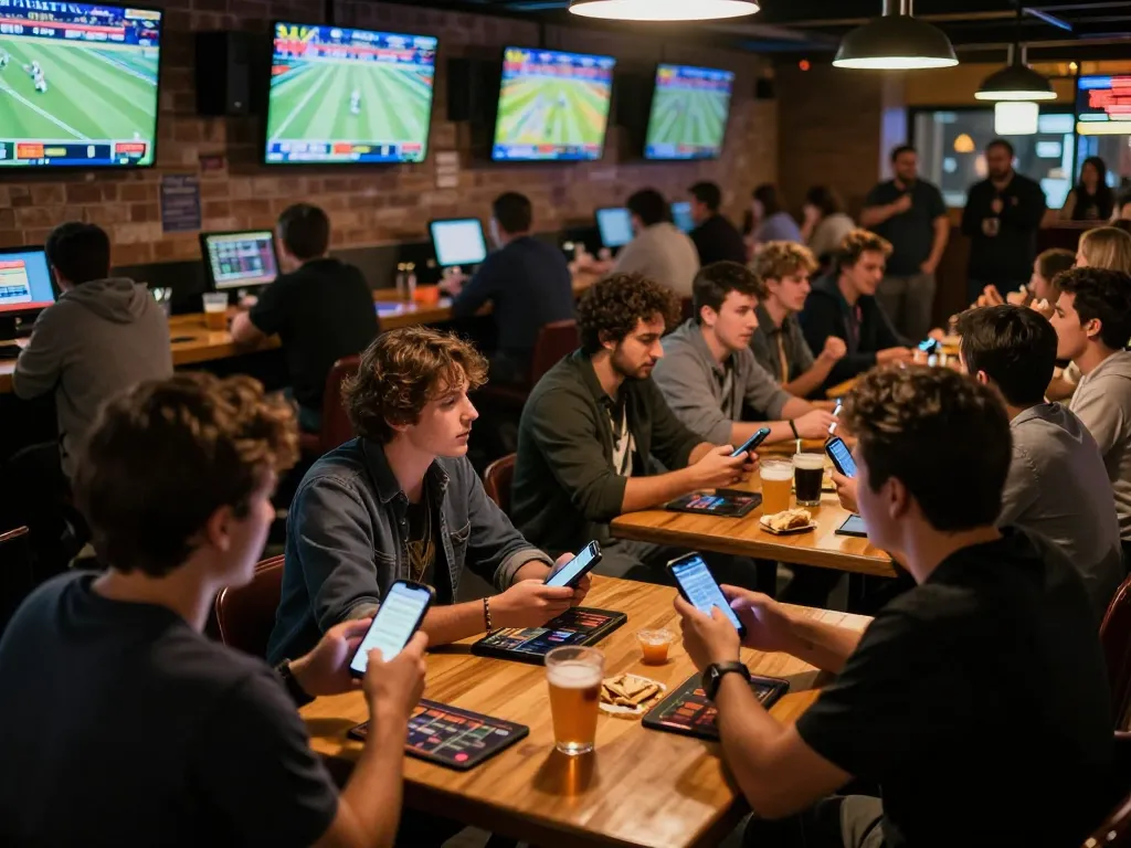 Max79 patrons engaged in sports betting excitement at a modern bar, placing bets on live games.
