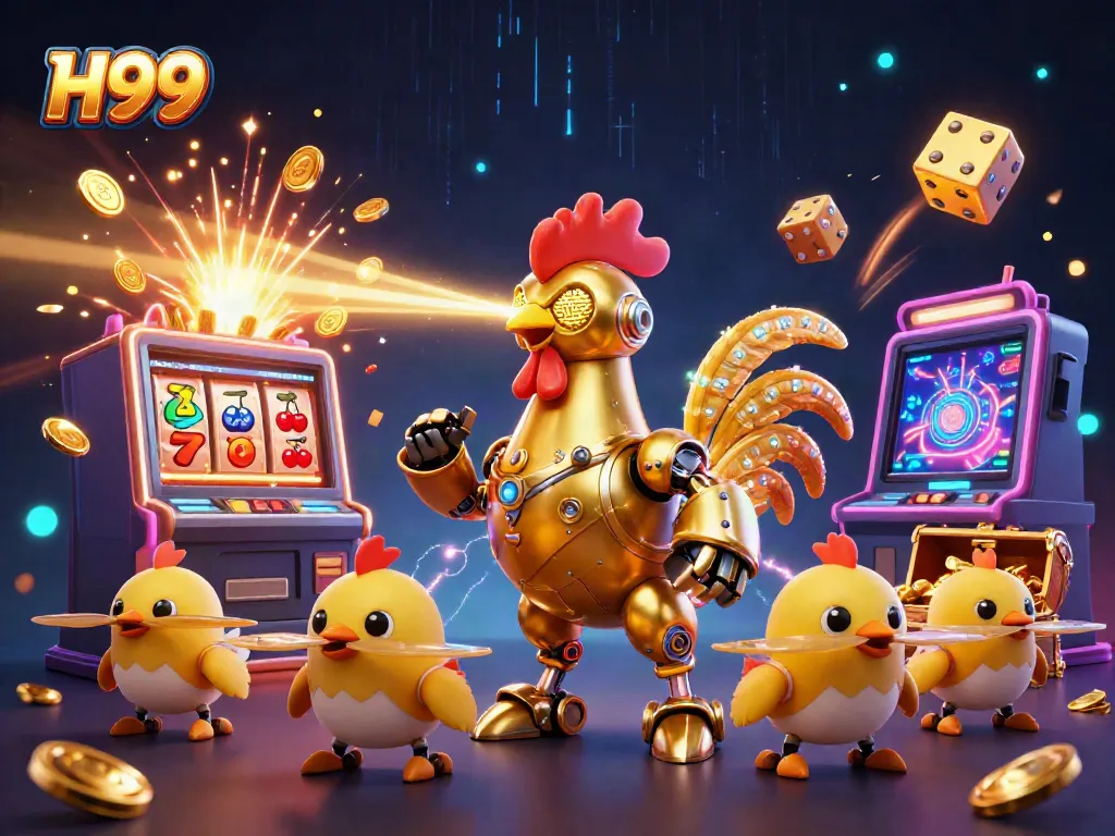 Experience thrilling gaming action with H99's dynamic casino scene featuring a golden rooster robot and vibrant slots.