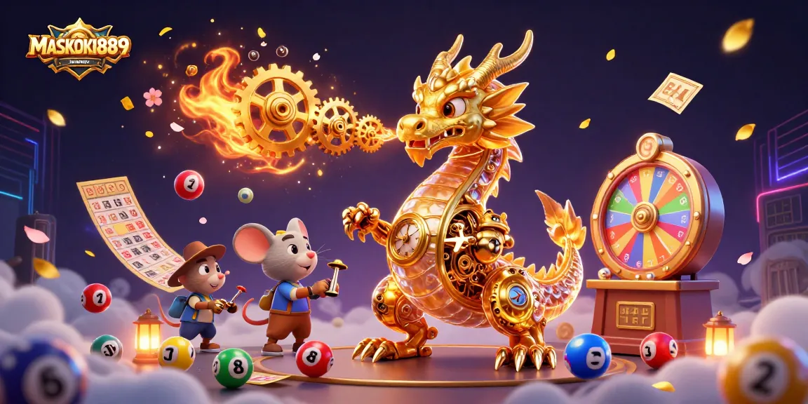 Engage in thrilling gameplay at MASKOKI889 with a dynamic scene of colorful lottery balls, a golden dragon, and festive casino elements.