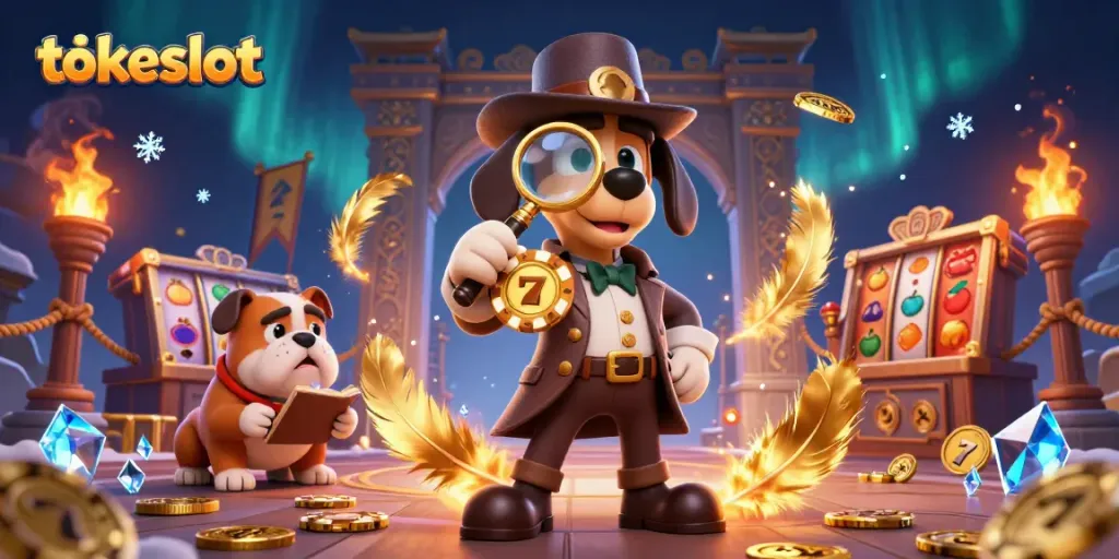 Tokeslot's vibrant gaming scene with detective characters and slot machines showcasing rich casino elements.