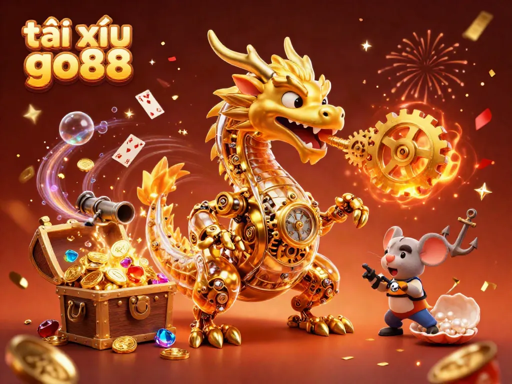 Engage in the excitement of tài xỉu go88 with a golden dragon and treasure in a vibrant 3D scene.