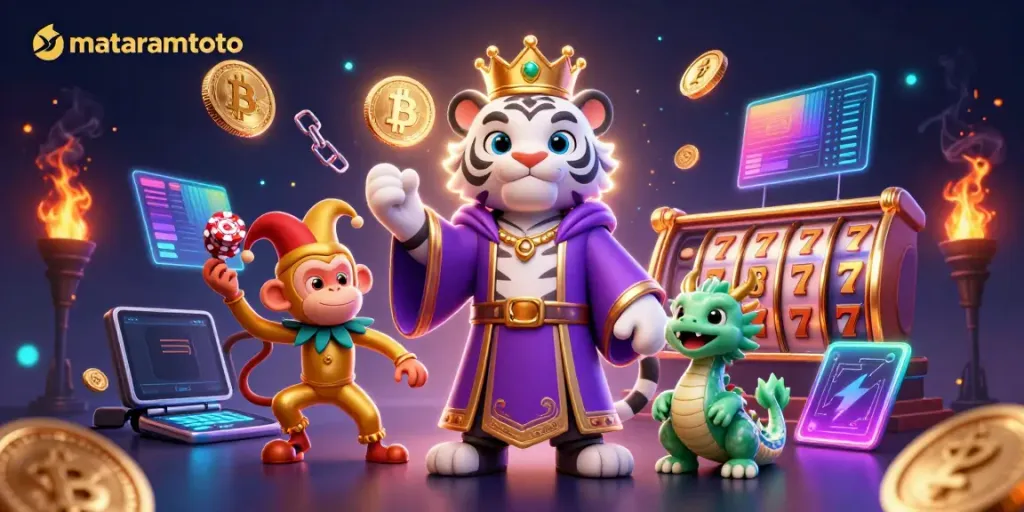 Mataramtoto slots come alive as a cartoon tiger and monkey entertain with poker chips.