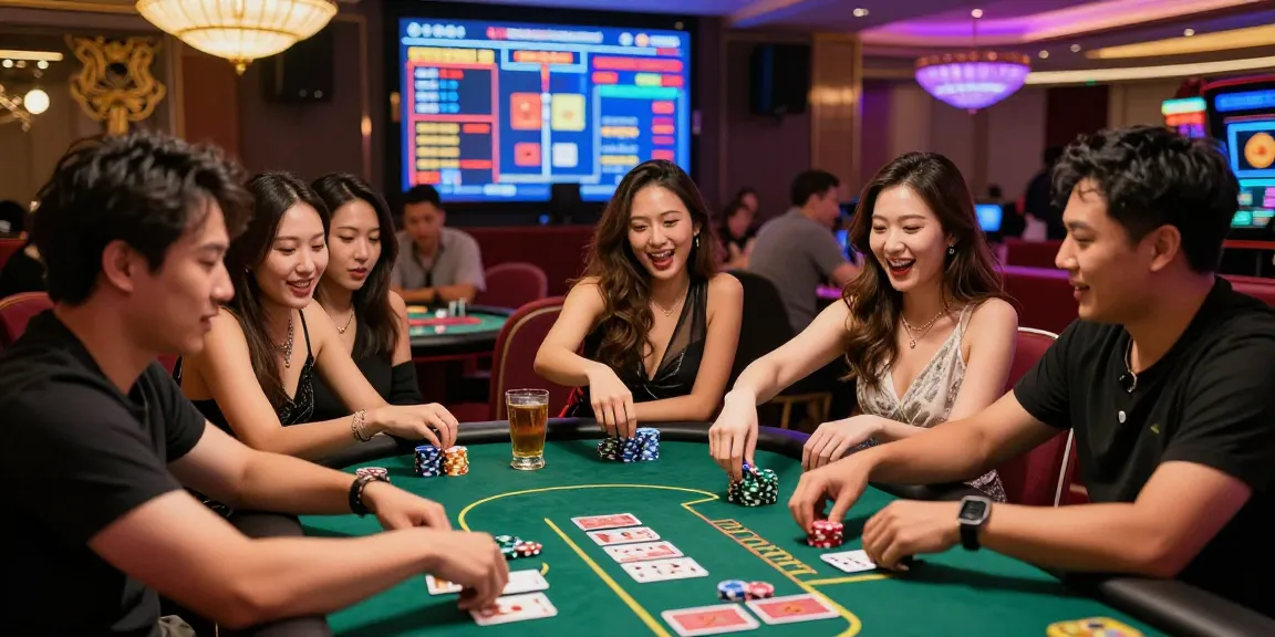 Friends celebrating at a casino table while playing situs slot, showcasing vibrant atmosphere and excitement.