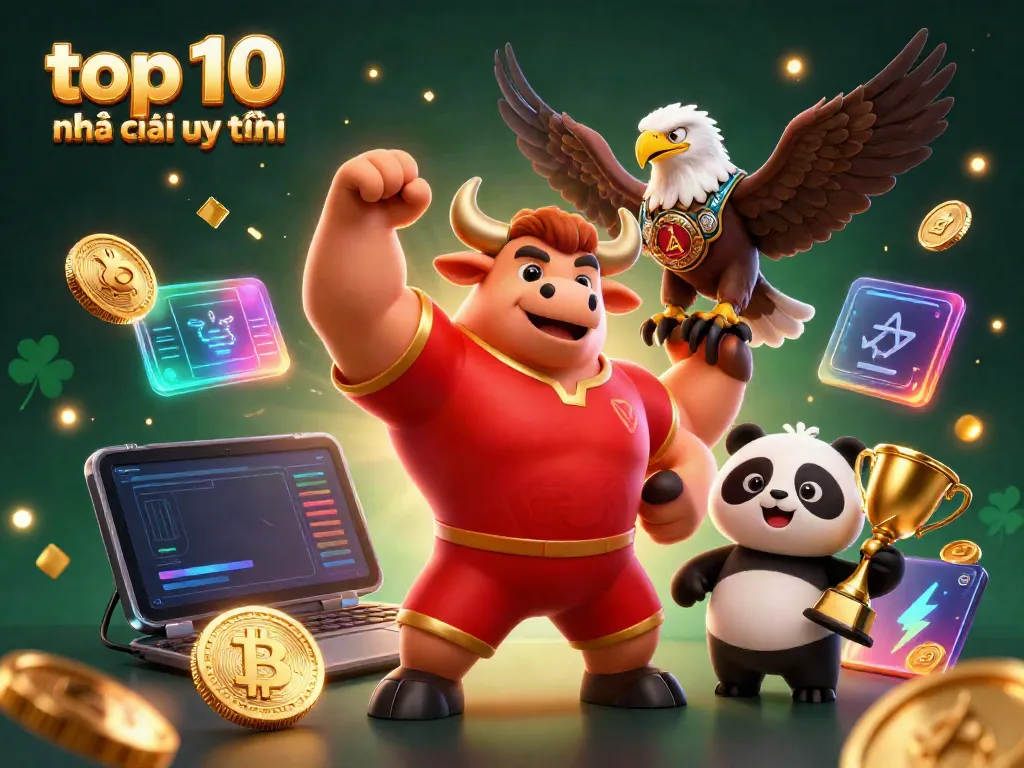 Engage with the top 10 nhà cái uy tín in an exciting online gaming environment featuring a victorious bull mascot.
