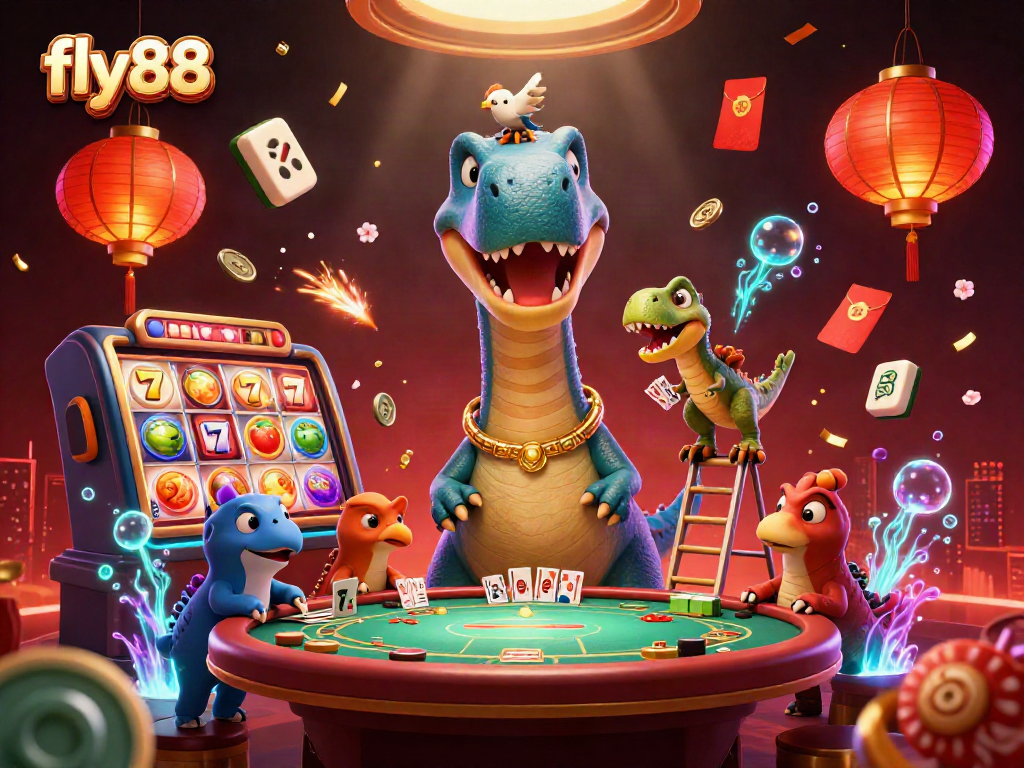 Fly88 casino scene features a giant brontosaurus and a raptor dealing cards amidst dynamic gaming elements.