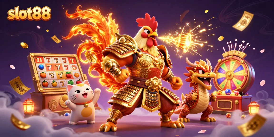 Engage with slot88's vibrant 3D illustration featuring dynamic casino action and exciting game elements.