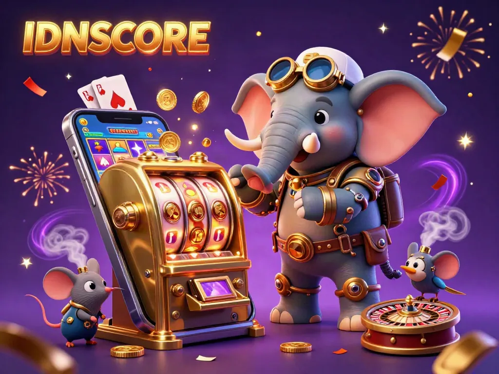 Engage with the thrilling IDNSCORE gaming experience featuring vibrant slot themes, golden coins, and exciting gameplay.