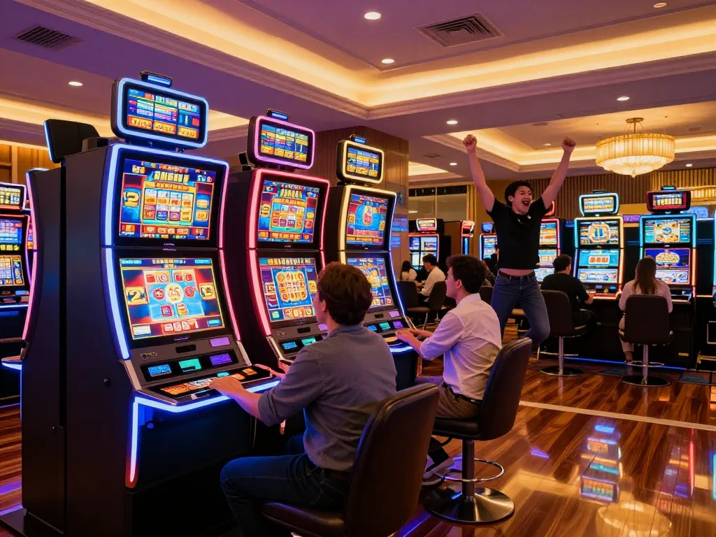 Pakde4D players celebrating wins at vibrant slot machines in an upscale casino atmosphere.