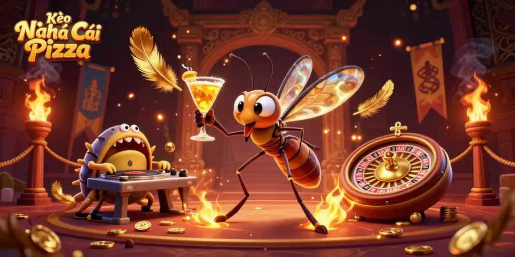 Kèo Nhà Cái Pizza shines in a vibrant casino scene featuring a mascot, DJ, and roulette wheel.
