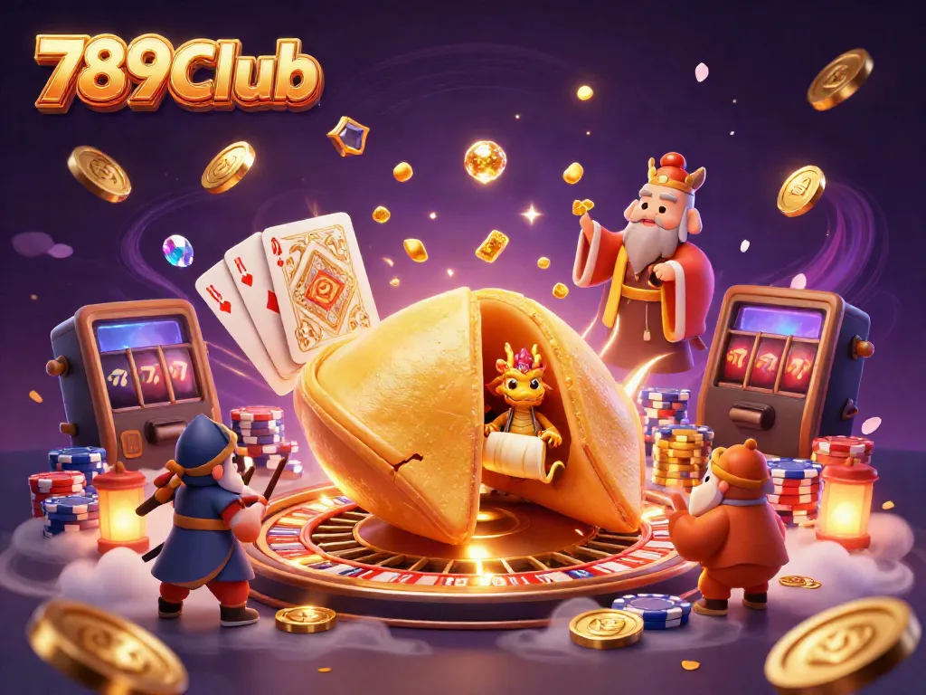Experience the excitement of 789Club with a vibrant 3D scene filled with golden coins, glowing gems, and classic gaming elements.