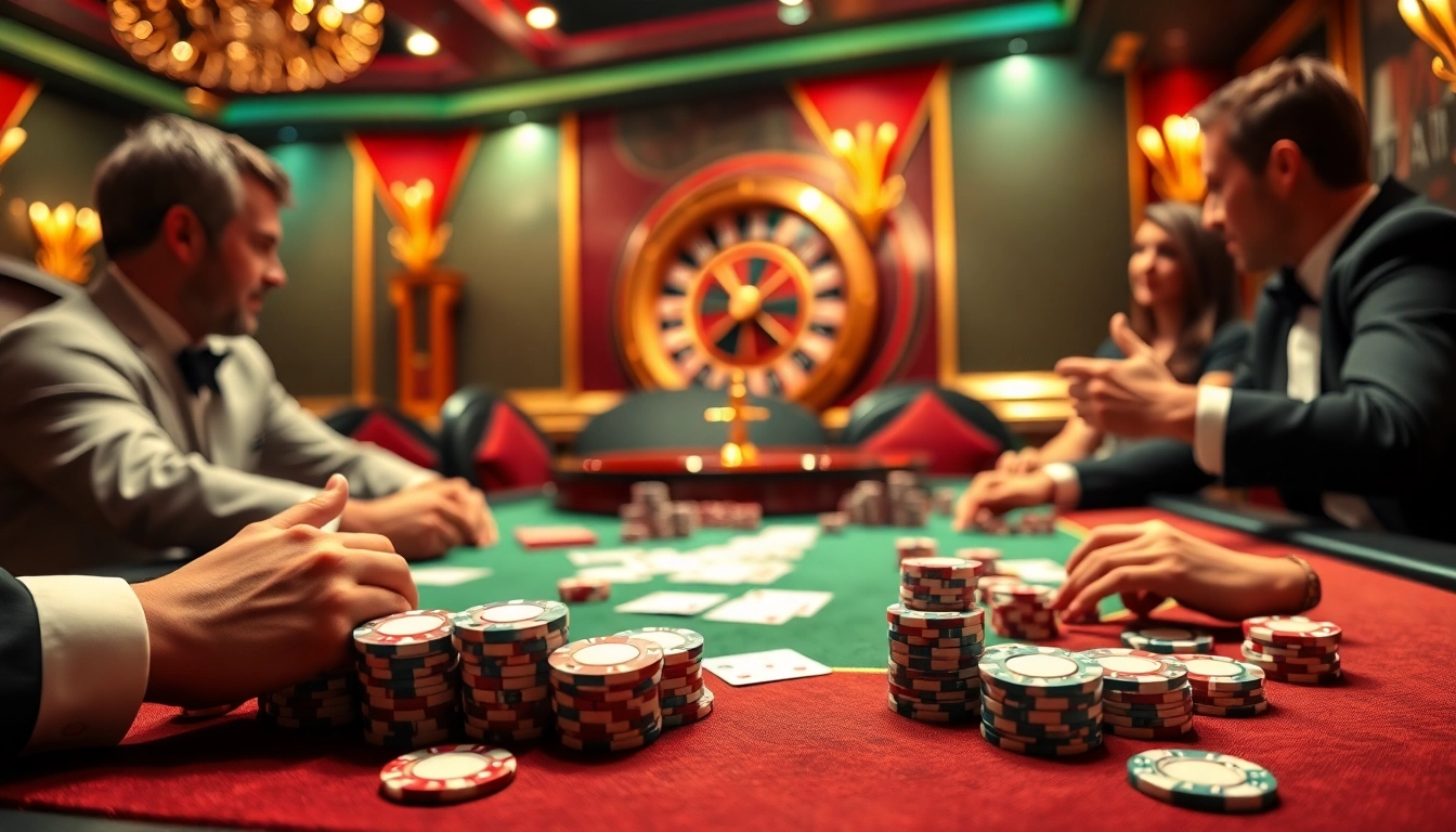 Exciting poker game setup showcasing situs poker with vibrant chips, cards, and a roulette wheel.