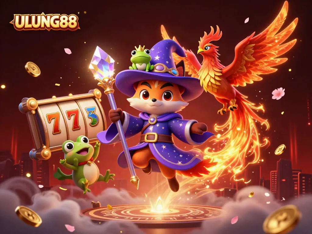 Engage with ULUNG88's vibrant online slots featuring a mystical wizard fox and phoenix in an enchanting casino scene.
