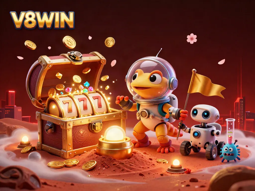 Join the alien Martian gecko in V8WIN's vibrant casino adventure filled with treasures.