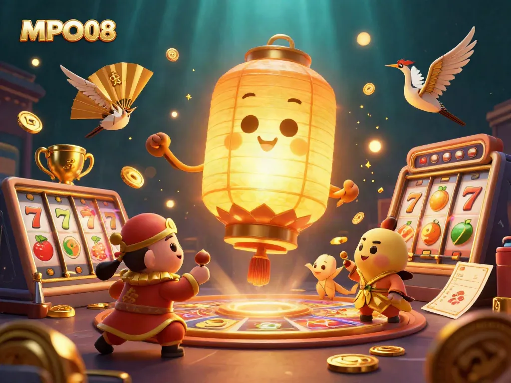 Engage with MPO08's dynamic online slot experience featuring a lively casino scene.