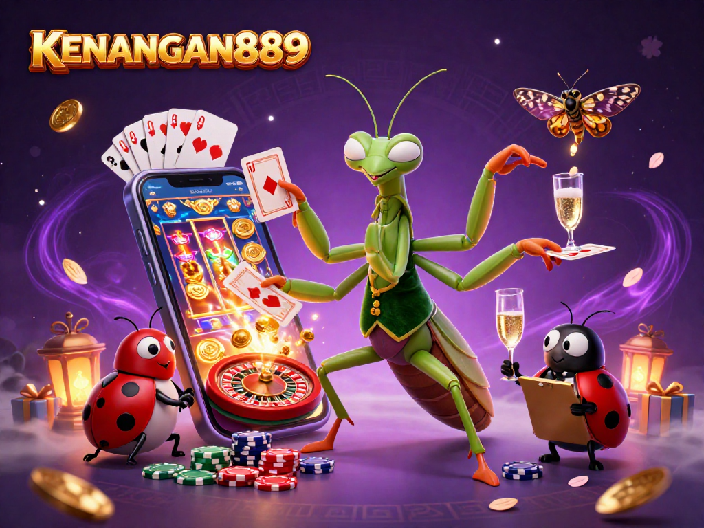 Experience the thrill of KENANGAN889 with a vibrant 3D casino scene illustrating gaming elements.