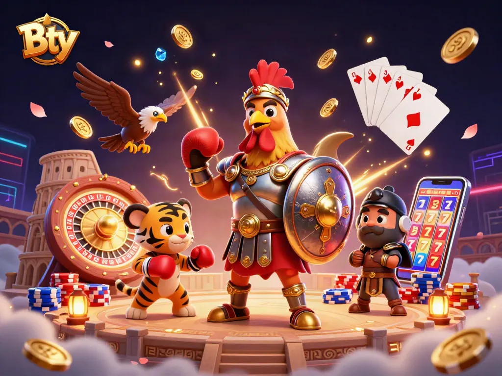 Bty debuts a vibrant casino scene with a rooster gladiator, tigers, and glittering coins.