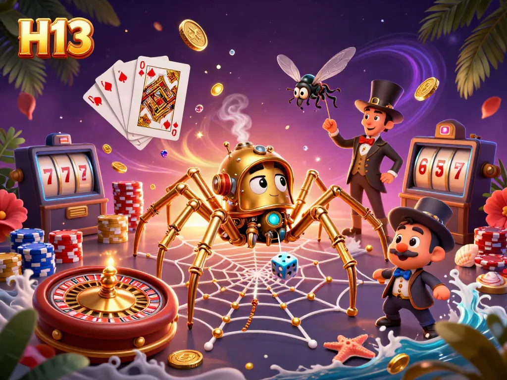 Engage in H13 gameplay with a steampunk spider and golden tokens in a vibrant casino scene.