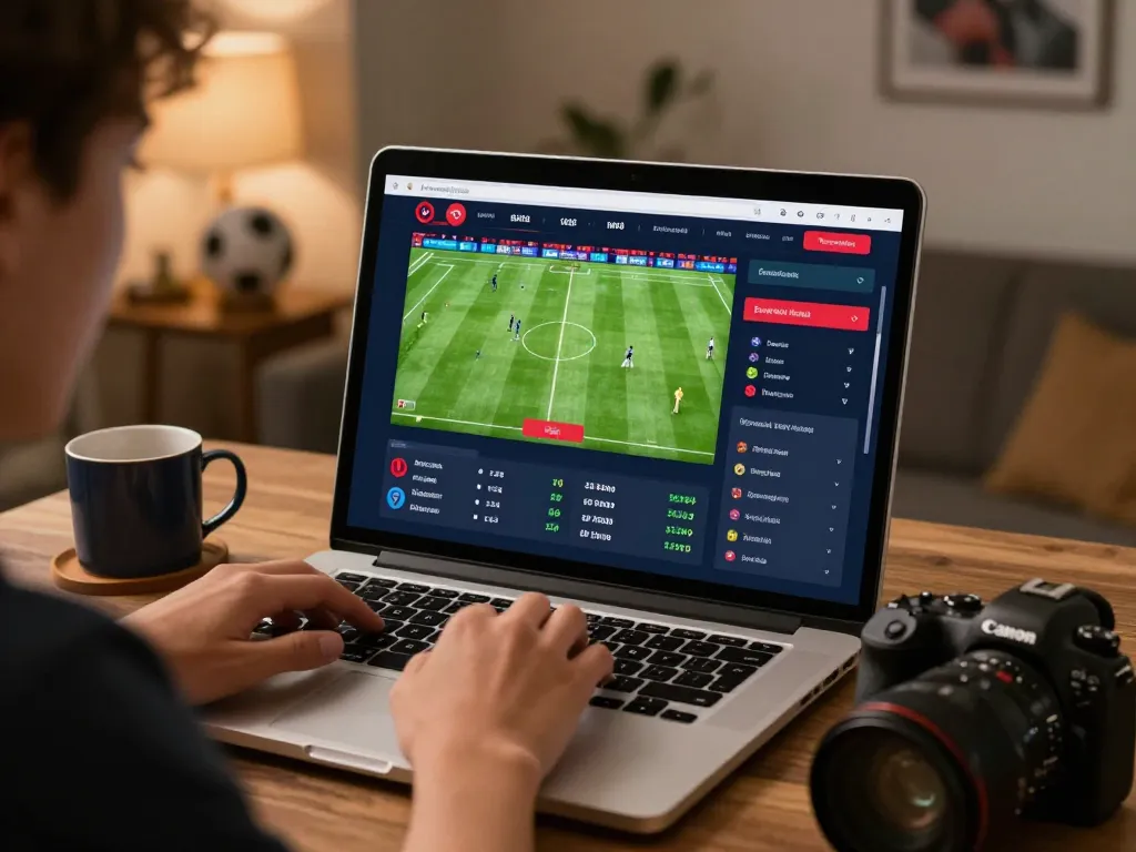 WWBOLA user engaging with live soccer match betting interface on laptop at home, showcasing vibrant odds and betting excitement