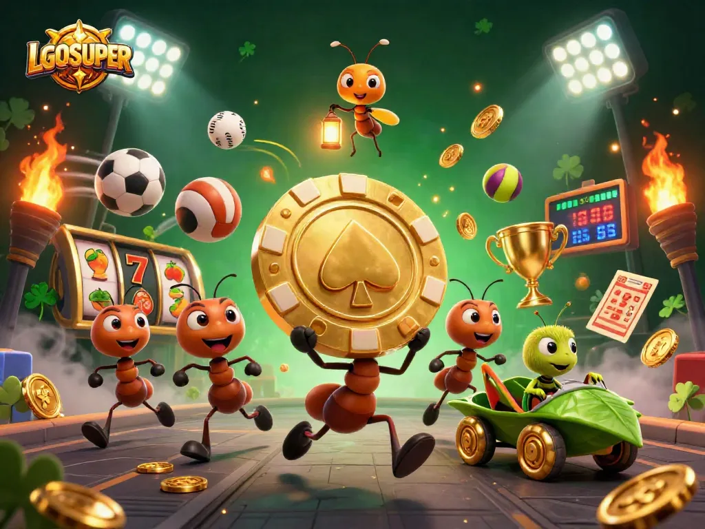 Engage with LGOSUPER's thrilling slot games while a dynamic heist unfolds in a vibrant casino scene.