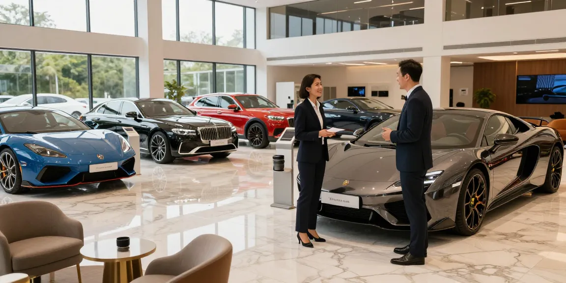 Menampilkan showroom mobil mewah LUXURY 777 dengan kendaraan premium dan suasana yang elegan.