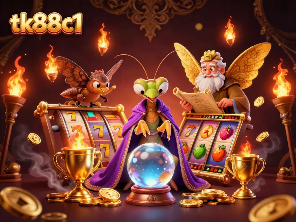 Experience immersive gaming with tk88c1's enchanting casino scene featuring a mystical fortune teller and vibrant slot elements.