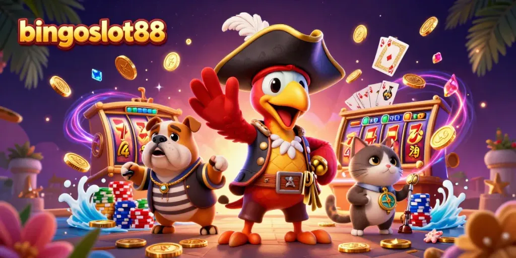 Jelajahi bingoslot88 dengan petualangan slot berwarna cerah dan karakter menarik dalam ilustrasi 3D.