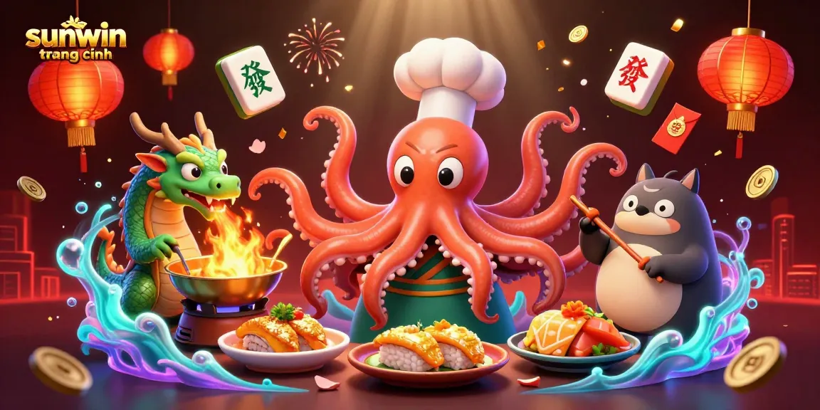 Savor the vibrant energy of sunwin trang chính as a sushi chef octopus prepares golden dishes in a lively casino.