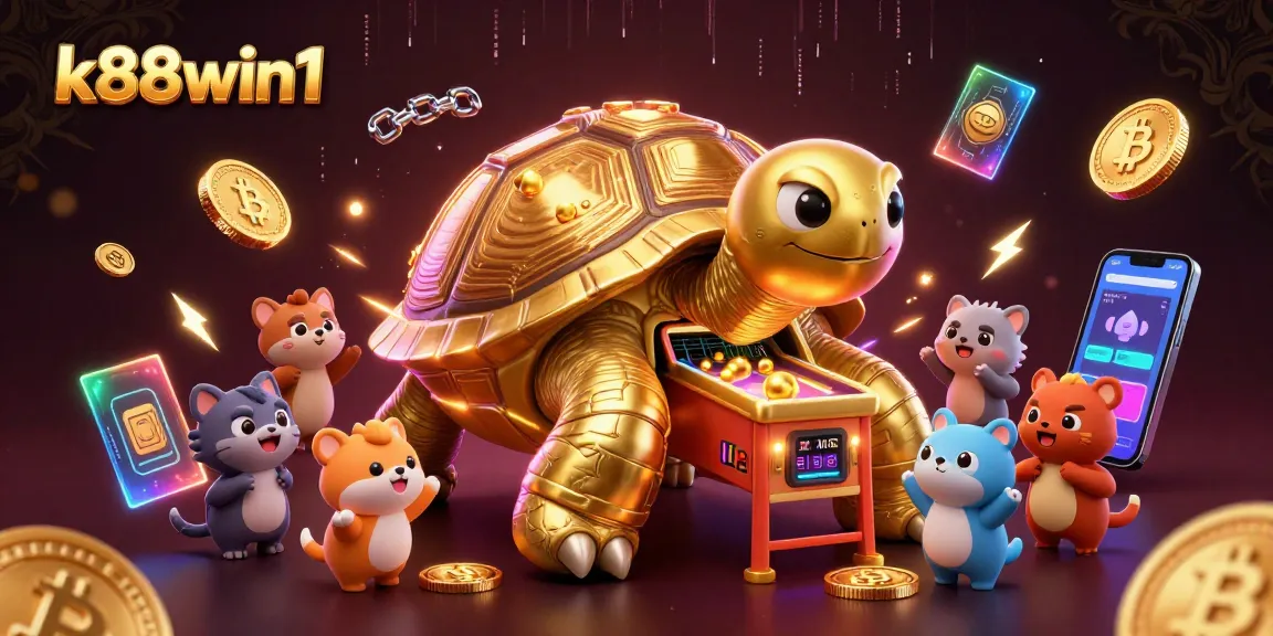 Experience excitement at k88win1 with dynamic casino-themed illustration featuring a colossal gaming tortoise.