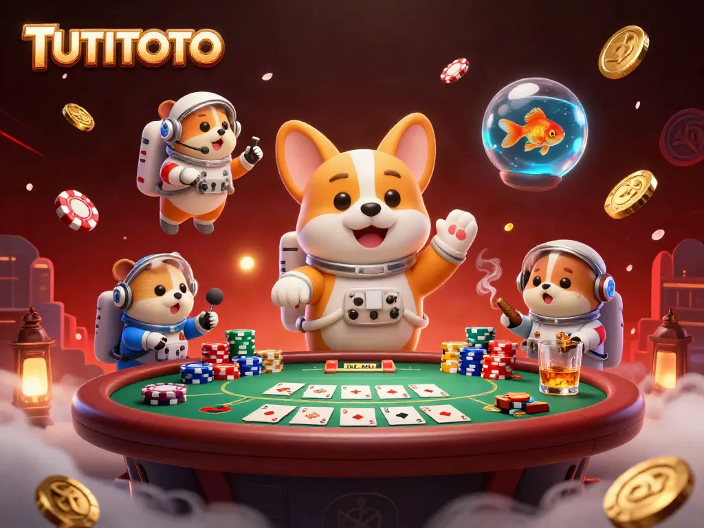 TUTITOTO astronaut corgi enjoys a floating casino card game in space.