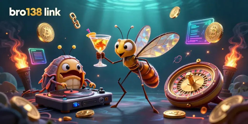 Engage with the bro138 link; a lively casino-themed scene featuring an animated mosquito mascot and DJ.