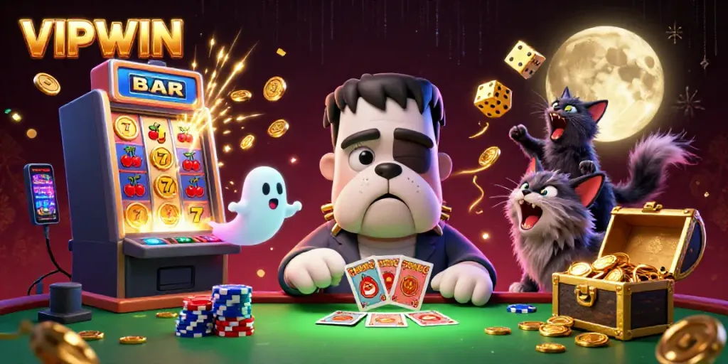 VIPWIN cartoon scene featuring a bulldog monster dealing cards surrounded by casino elements.