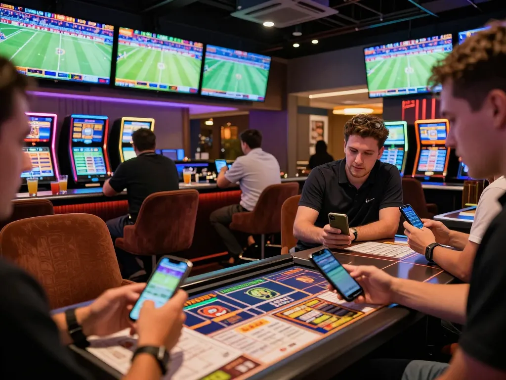 Excited patrons engaging in sports betting at a vibrant lounge with 90Phut TV screens displaying live events.