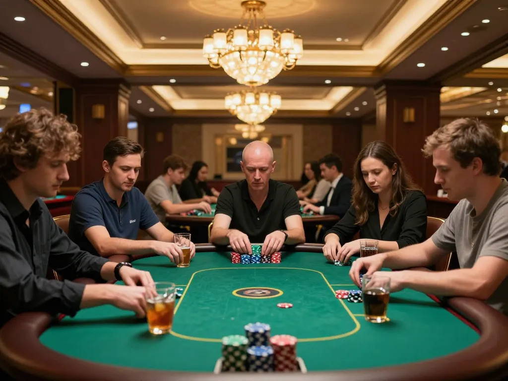 High-stakes gameplay at a luxurious poker table at go8s, showcasing intense moments and strategic actions