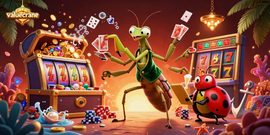Permainan kartu seru di valuecrane dengan ratusan koin emas dan simbol jackpot.