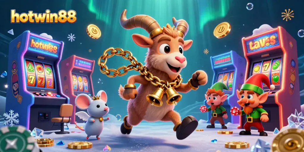 Experience the thrill of hotwin88 in a festive slot jackpot casino scene with playful characters and vibrant game elements.