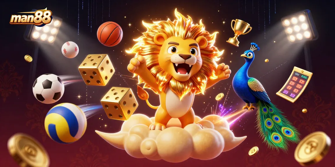 Experience thrilling moments with man88 gaming, featuring dynamic elements and vibrant characters in a casino-themed illustration.