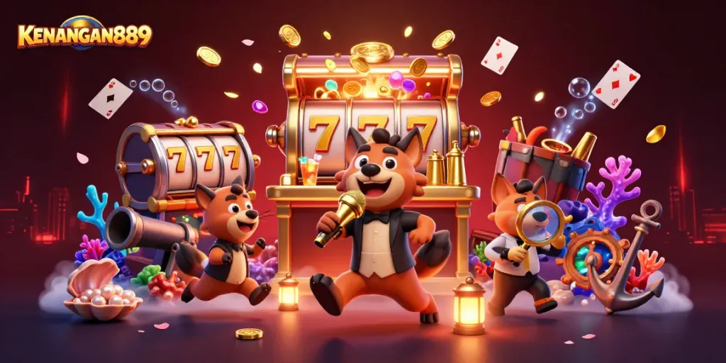 KENANGAN889 showcases a lively comedy casino scene with hyenas amidst swirling slot reels and treasures.