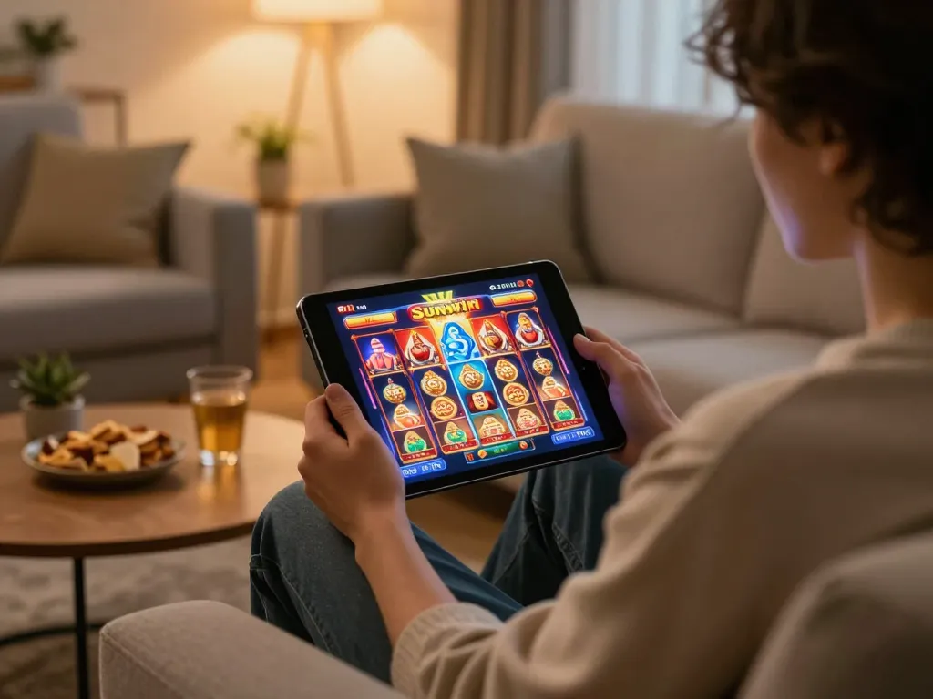 Engaging with Sunwin app for online slots, showcasing cozy and responsible gaming atmosphere