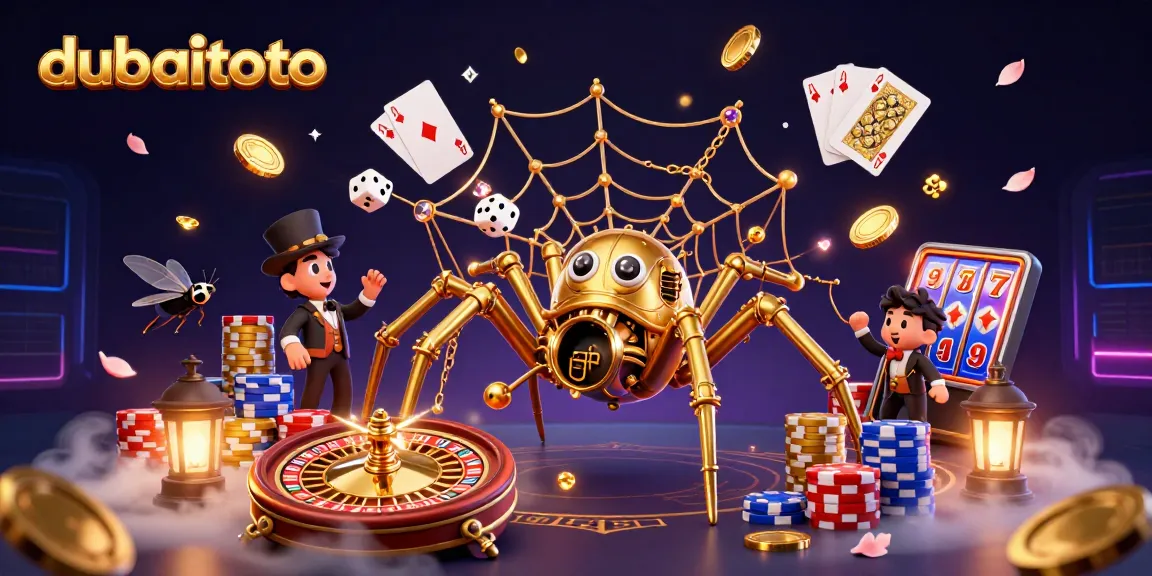 Play exciting games with dubaitoto, enjoy colorful design featuring a steampunk spider and vast casino elements.