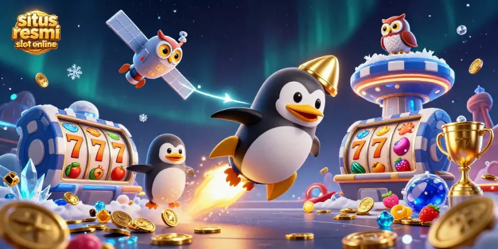 Ilustrasi kartun 3D permainan slot di situs resmi slot online menampilkan penguin emas roket yang menyenangkan.