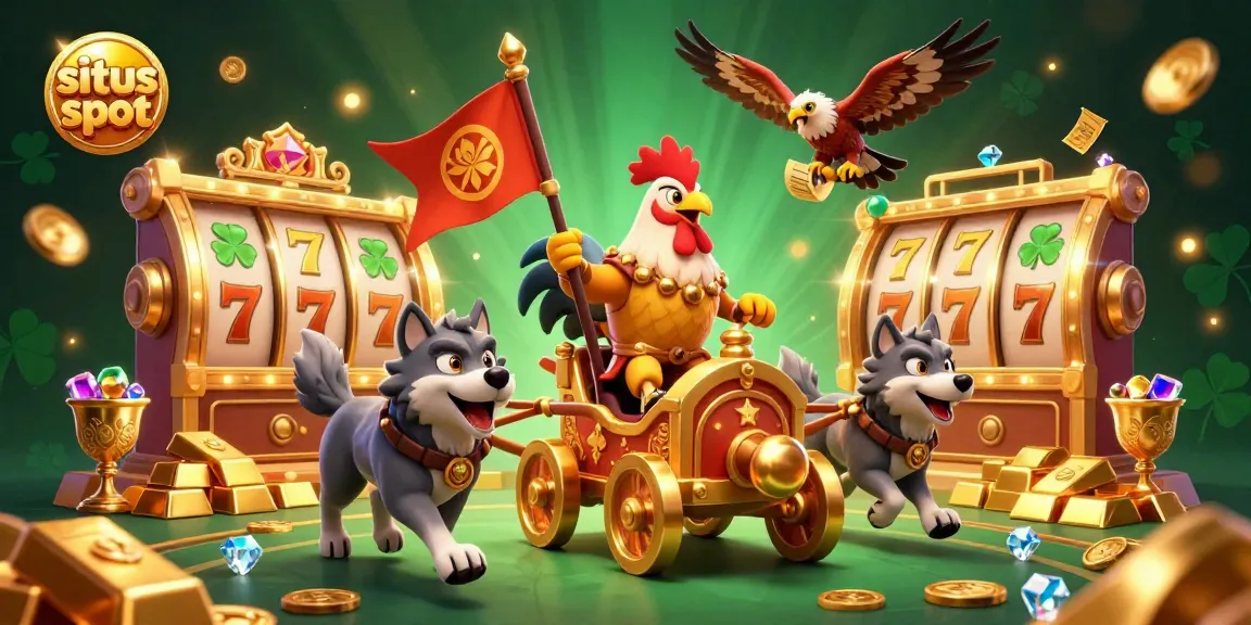 Experience excitement at situs slot with a dynamic 3D scene featuring a rooster warlord and rich casino elements.
