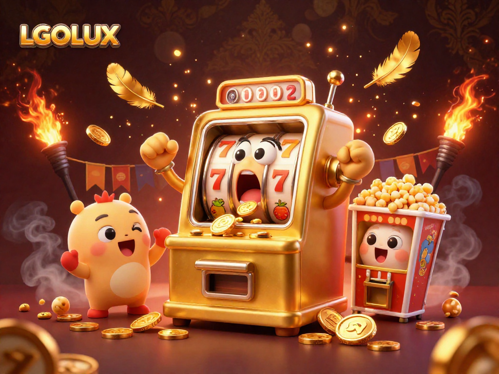 Hit the jackpot with LGOLUX: A lively scene of animated slot machines cheering amidst golden elements
