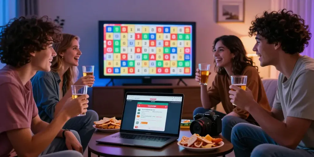 Suasana pertandingan togel online di rumah dengan totowin88, penonton bersemangat menonton pengundian langsung.