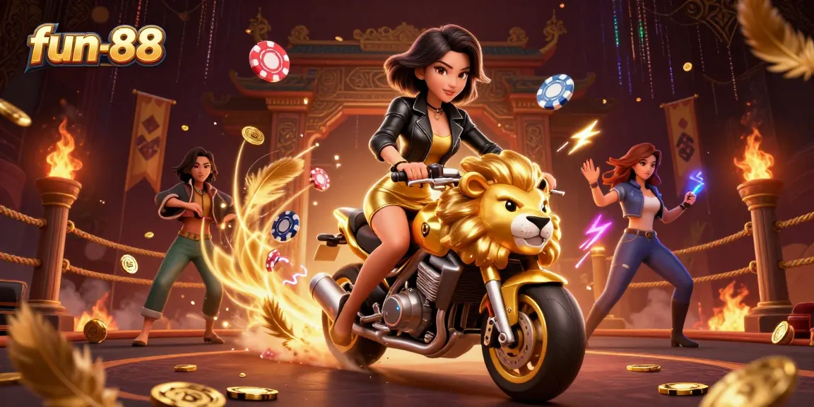 Engage with fun-88 and win big in this dynamic casino scene filled with action and colorful gaming elements.