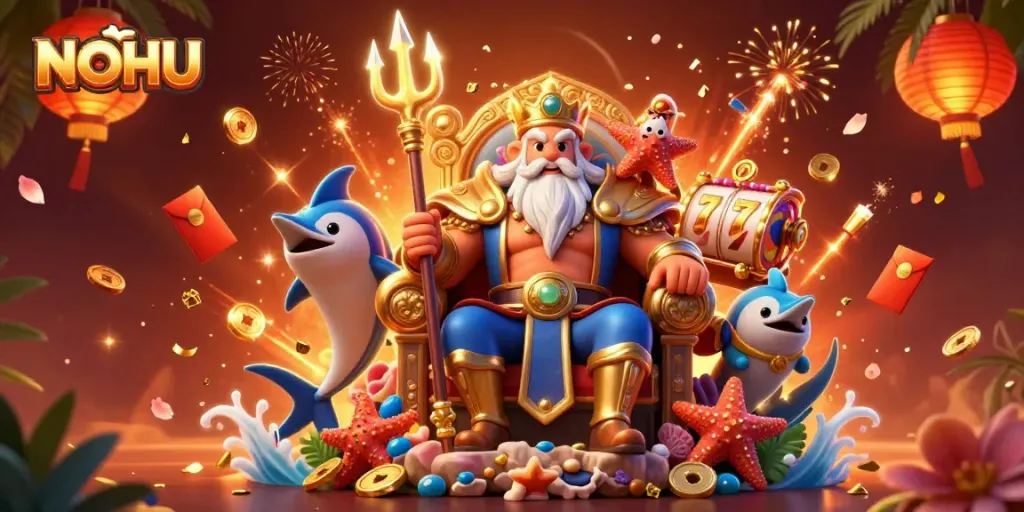 Engage in thrilling wins at NOHU with a vibrant 3D casino scene of Neptune and fortune elements.