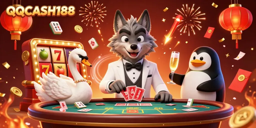 Play with excitement at QQCASH188's vibrant casino scene featuring rich gaming elements and animated characters.