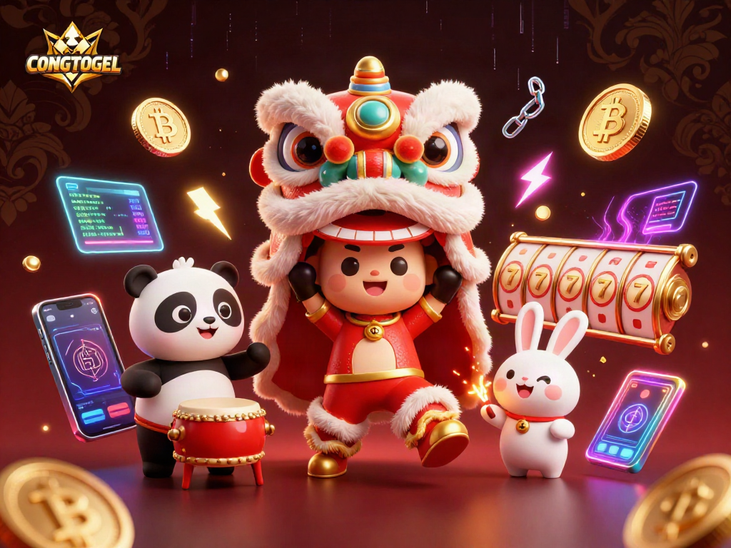 Engage in exciting wins at CONGTOGEL with lively characters and vibrant crypto-themed elements in a casino scene.