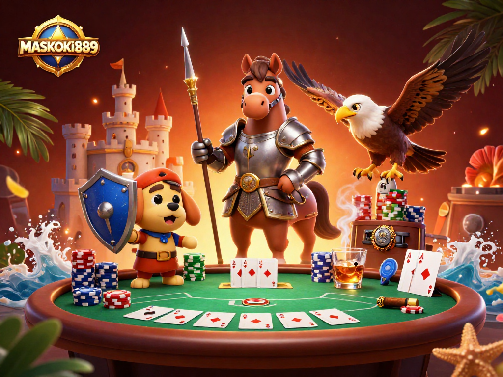 Engage with excitement at MASKOKI889 with medieval knight-themed poker scene and dynamic game elements.