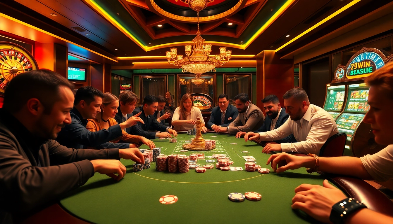 Players experiencing the excitement of poker at 78Win, surrounded by vibrant gambling elements.